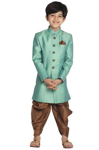 Boys' Green And Coffee Indowestern Sherwani And Cowl Dhoti Pant Set