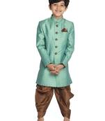 Boys' Green And Coffee Indowestern Sherwani And Cowl Dhoti Pant Set