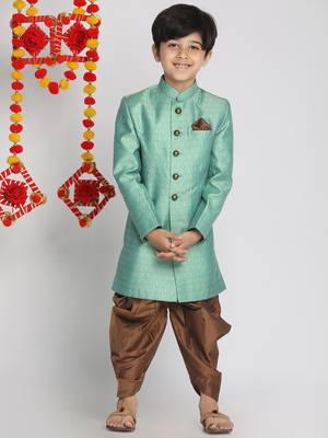 Boys' Green And Coffee Indowestern Sherwani And Cowl Dhoti Pant Set 2