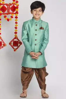 Boys' Green And Coffee Indowestern Sherwani And Cowl Dhoti Pant Set
