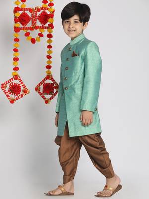 Boys' Green And Coffee Indowestern Sherwani And Cowl Dhoti Pant Set 3