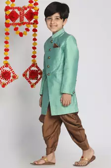 Boys' Green And Coffee Indowestern Sherwani And Cowl Dhoti Pant Set
