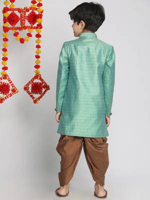 Boys' Green And Coffee Indowestern Sherwani And Cowl Dhoti Pant Set 4