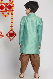 Boys' Green And Coffee Indowestern Sherwani And Cowl Dhoti Pant Set