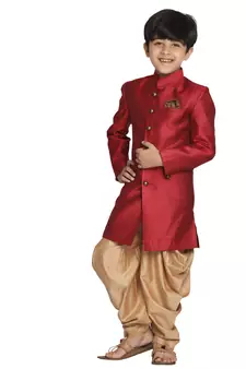  Maroon And Rose Gold Indowestern Sherwani And Cowl Dhoti Pant Set
