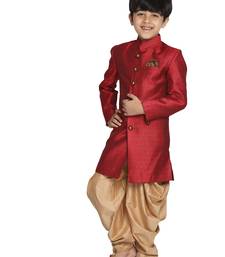 Boys' Maroon And Rose Gold Indowestern Sherwani And Cowl Dhoti Pant Set