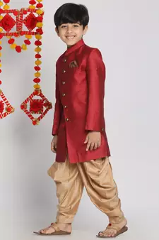  Maroon And Rose Gold Indowestern Sherwani And Cowl Dhoti Pant Set