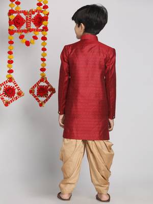  Maroon And Rose Gold Indowestern Sherwani And Cowl Dhoti Pant Set 4