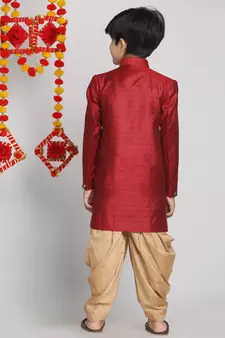  Maroon And Rose Gold Indowestern Sherwani And Cowl Dhoti Pant Set
