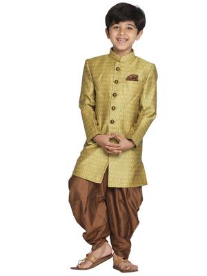  Mustard Yellow And Coffee Indowestern Sherwani And Cowl Dhoti Pant Set 1