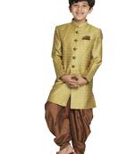  Mustard Yellow And Coffee Indowestern Sherwani And Cowl Dhoti Pant Set