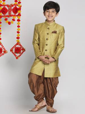  Mustard Yellow And Coffee Indowestern Sherwani And Cowl Dhoti Pant Set 2
