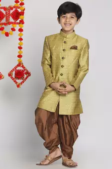 Mustard Yellow And Coffee Indowestern Sherwani And Cowl Dhoti Pant Set