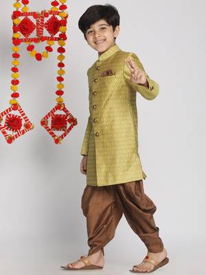  Mustard Yellow And Coffee Indowestern Sherwani And Cowl Dhoti Pant Set 3