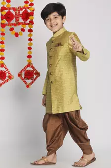  Mustard Yellow And Coffee Indowestern Sherwani And Cowl Dhoti Pant Set