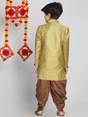  Mustard Yellow And Coffee Indowestern Sherwani And Cowl Dhoti Pant Set 4