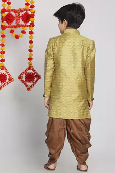  Mustard Yellow And Coffee Indowestern Sherwani And Cowl Dhoti Pant Set