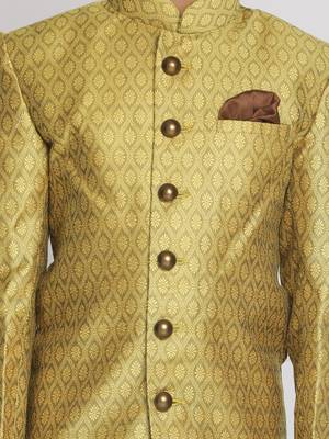  Mustard Yellow And Coffee Indowestern Sherwani And Cowl Dhoti Pant Set 5