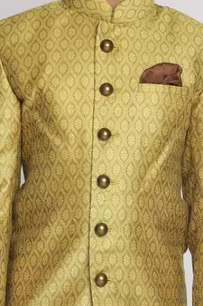  Mustard Yellow And Coffee Indowestern Sherwani And Cowl Dhoti Pant Set