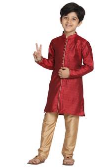 Boys' Maroon And Rose Gold Kurta Pyjama Set