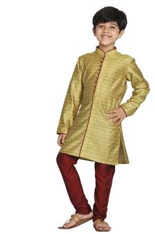 Boys' Mustard Yellow And Maroon Kurta Pyjama Set