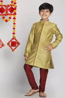  Mustard Yellow And Maroon Kurta Pyjama Set