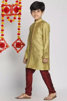  Mustard Yellow And Maroon Kurta Pyjama Set