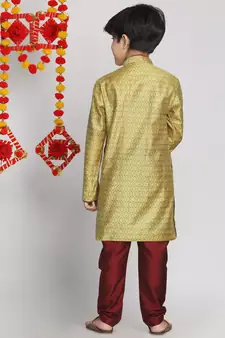  Mustard Yellow And Maroon Kurta Pyjama Set
