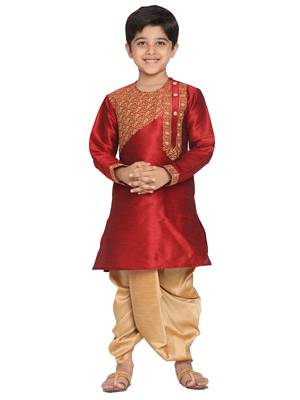Maroon embroidered silk blend boys-dhoti-kurta 1