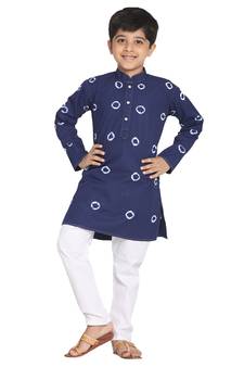 Boys' Blue And White Kurta Pyjama Set