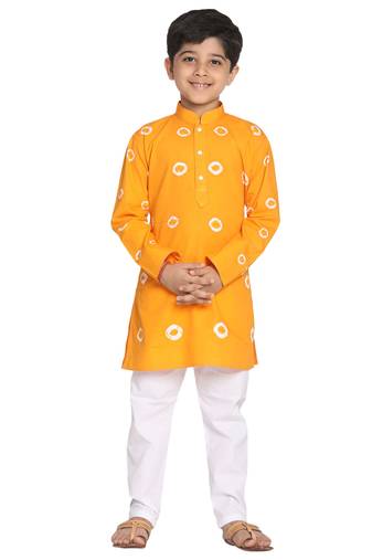 Boys' Orange And White Kurta Pyjama Set