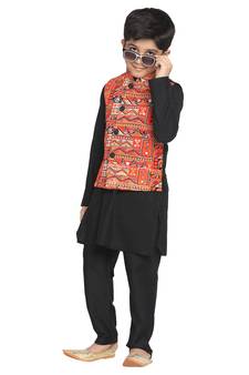 Boys' Orange And Black Jacket, Kurta And Pyjama Set