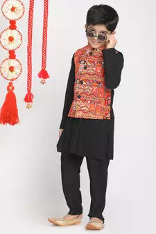  Orange And Black Jacket, Kurta And Pyjama Set