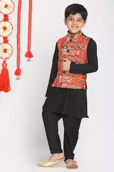  Orange And Black Jacket, Kurta And Pyjama Set