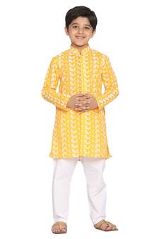 Boys' Orange And White Kurta Pyjama Set
