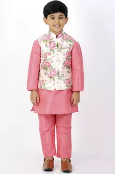 Floral Printed Jacket, Kurta And Pyjama Set