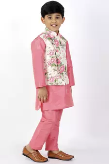  Floral Printed Jacket, Kurta And Pyjama Set