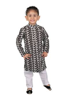 Boys' Black And White Kurta Pyjama Set
