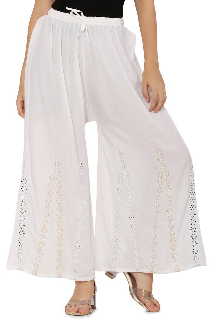 White Ravishing Trendy Star Design Mirror Plazzo/Plazo with Elastic Drawstring (Free Size)