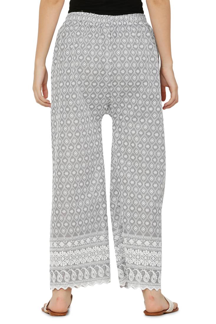Grey Color Thread Chikankari Cotton Plazzo Pant (Free Size)