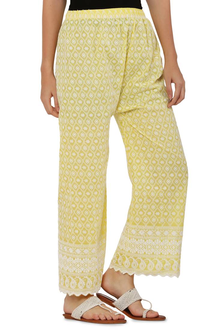 Yellow Color Thread Chikankari Cotton Plazzo Pant (Free Size)