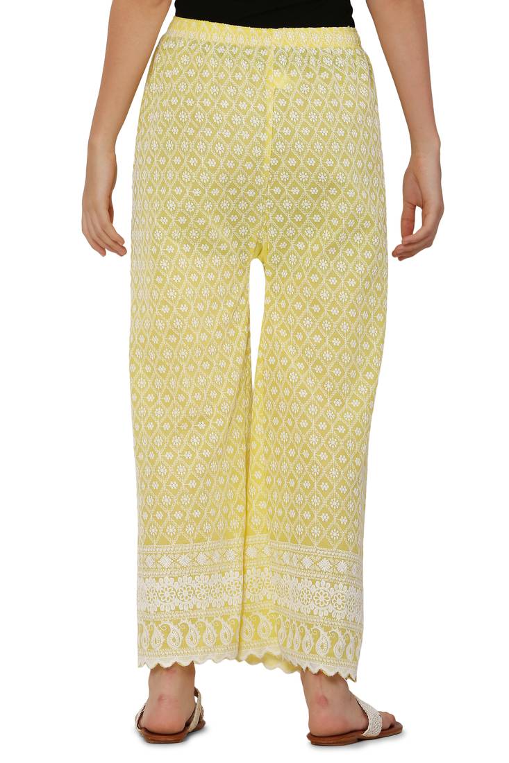 Yellow Color Thread Chikankari Cotton Plazzo Pant (Free Size)