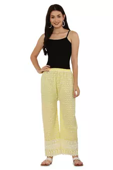 Yellow Color Thread Chikankari Cotton Plazzo Pant (Free Size)