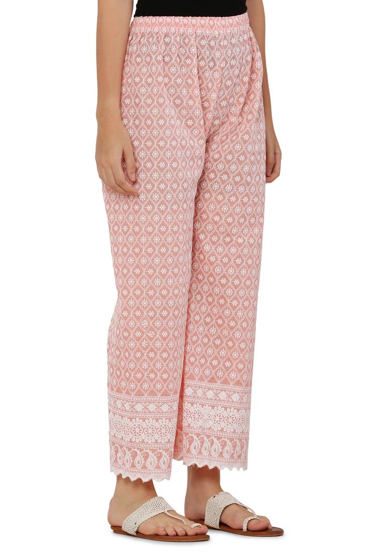 Peach Color Thread Chikankari Cotton Plazzo Pant (Free Size)