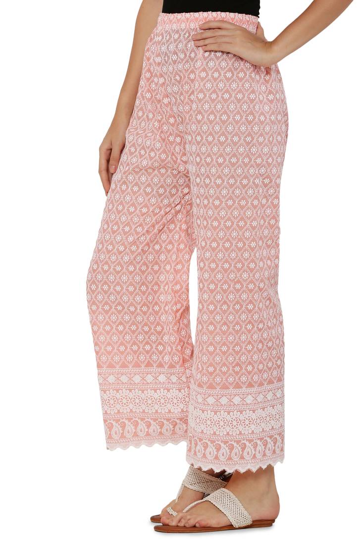 Peach Color Thread Chikankari Cotton Plazzo Pant (Free Size)
