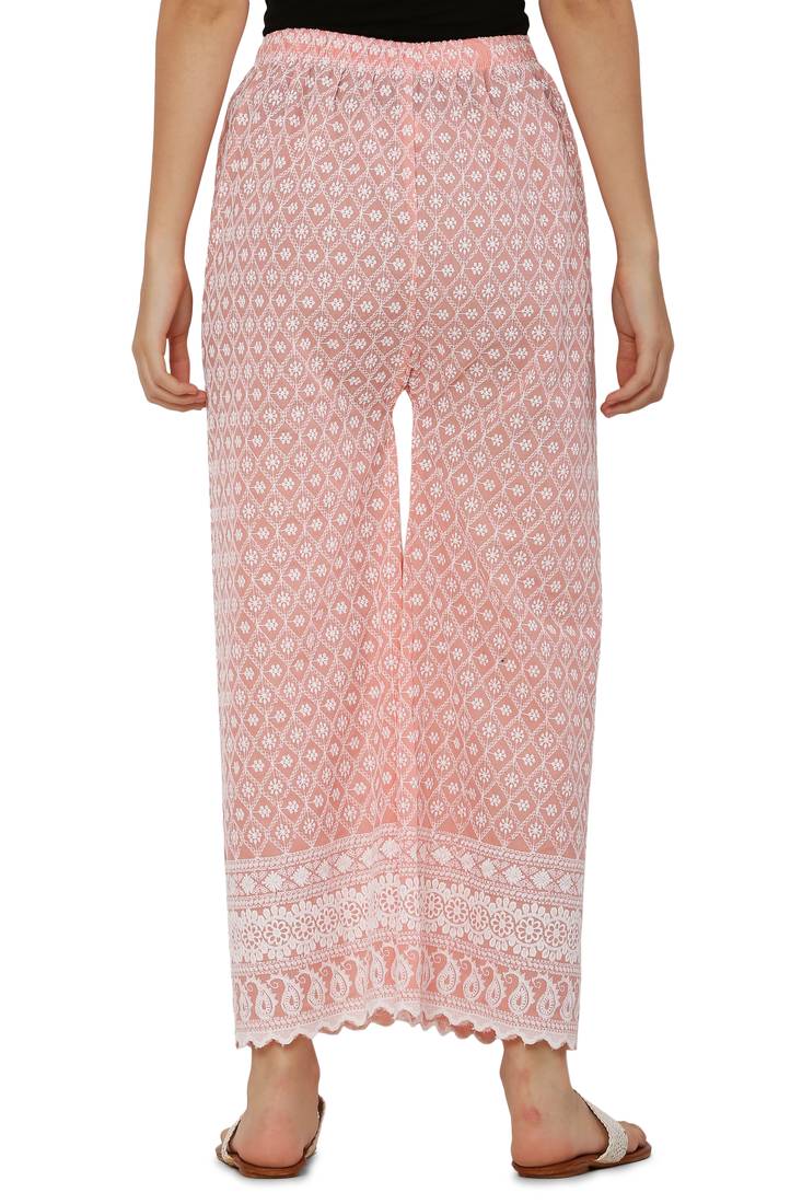Peach Color Thread Chikankari Cotton Plazzo Pant (Free Size)