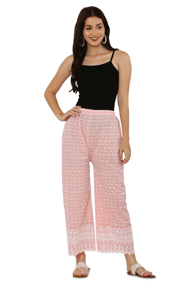 Peach Color Thread Chikankari Cotton Plazzo Pant (Free Size)