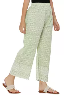 Mint Green Color Thread Chikankari Cotton Plazzo Pant (Free Size)
