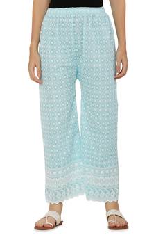 Aqua Blue Color Thread Chikankari Cotton Plazzo Pant (Free Size)
