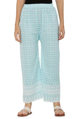Aqua Blue Color Thread Chikankari Cotton Plazzo Pant (Free Size) 1